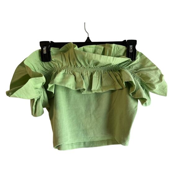 Zara Womens Ruffle Off the Shoulder Crop top, Green Ribbed Stretch Brat Sz-L - Picture 2 of 4